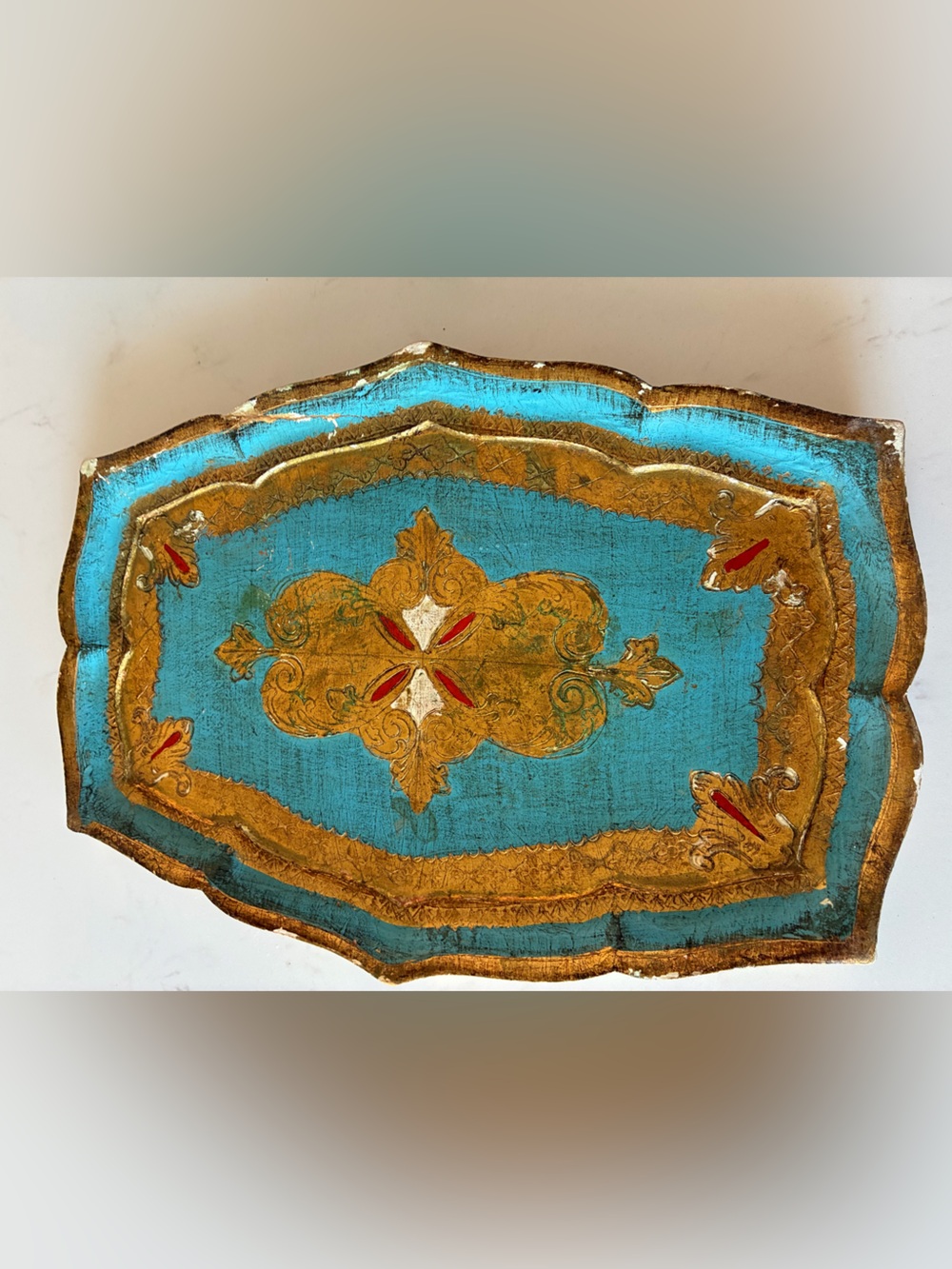Vintage Florentine Hand-Painted Turquoise & Gold Decorative Tray Made Italy